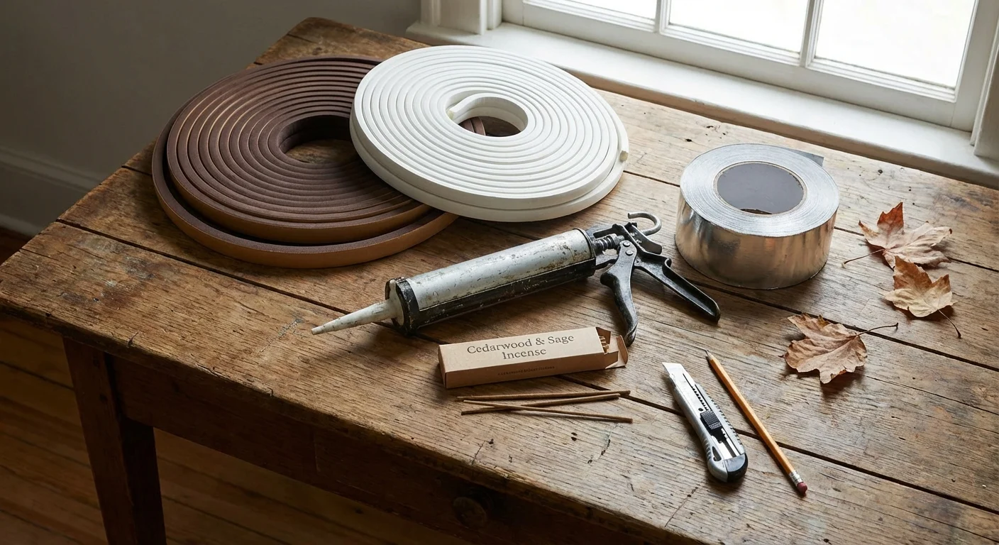 A flat-lay of various weatherproofing materials like caulk, tape, and weatherstripping.