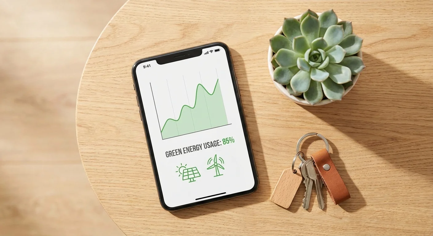 A flatlay of a phone showing a green chart next to a plant on a wooden table.