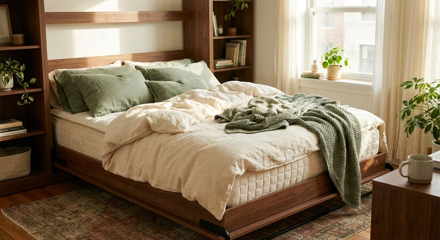 A fully made Murphy bed with comfortable linens and a thick mattress in a sunlit room.