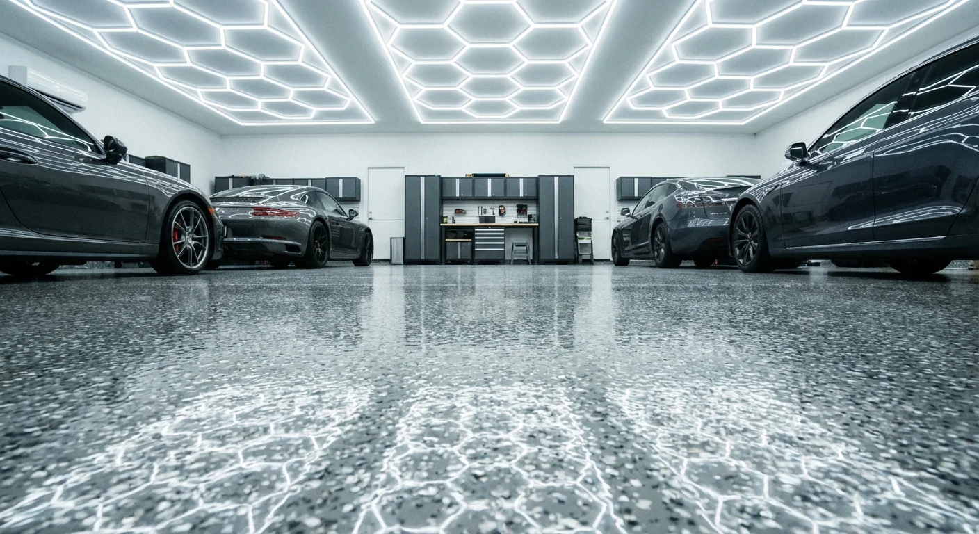 A glossy epoxy garage floor reflecting modern hexagonal LED overhead lights.
