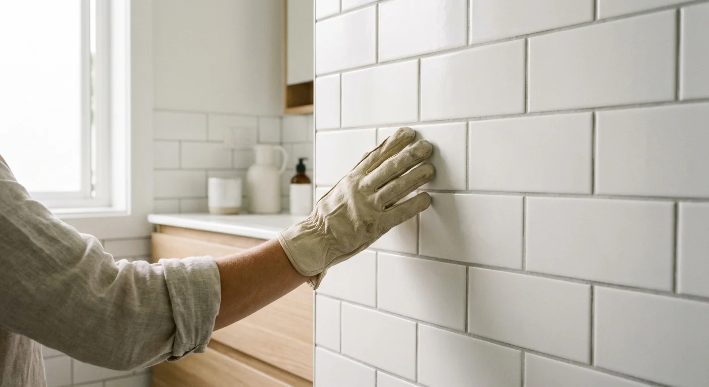 A gloved hand inspecting bathroom tile grout under soft natural light.