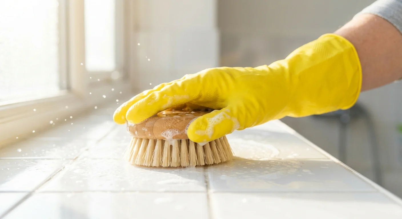 A gloved hand scrubbing white bathroom tiles with a wooden brush and soapy water.
