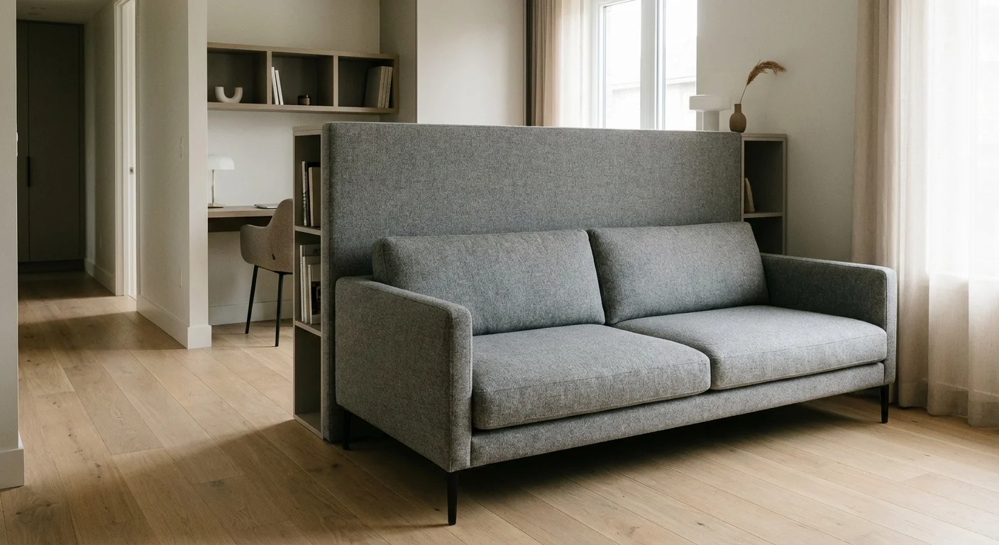 A gray sofa placed in the middle of a room to create a hallway and separate the office.
