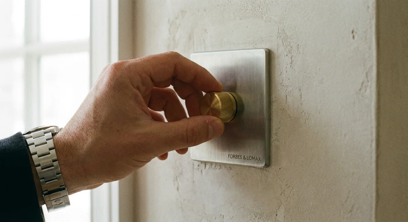 A hand adjusting a modern, high-quality dimmer switch on a clean wall.