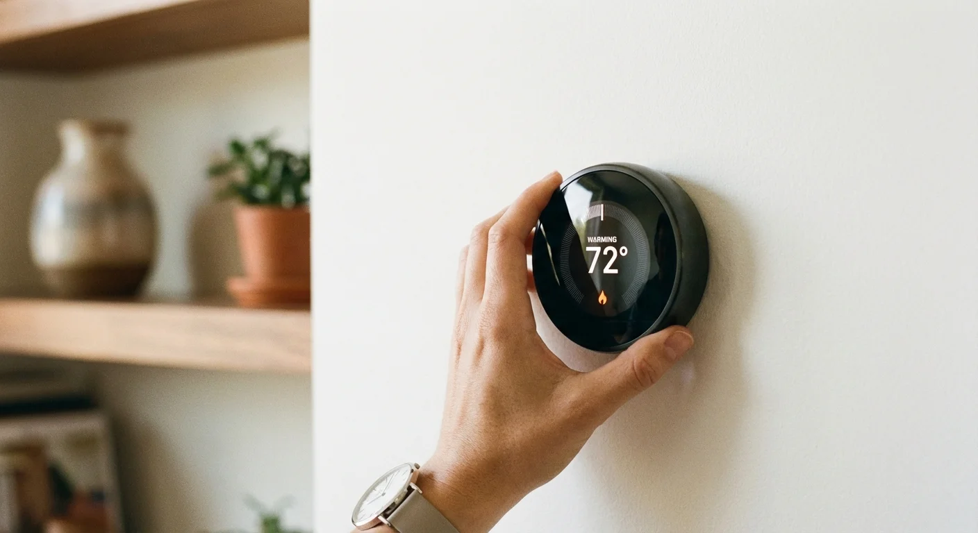 A hand adjusting a modern smart thermostat on a clean white wall.