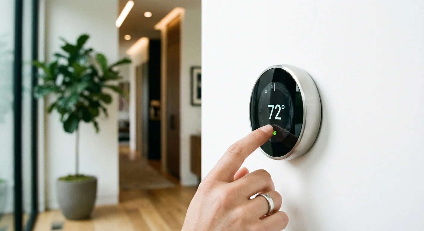 A hand adjusting a modern smart thermostat on a white wall.