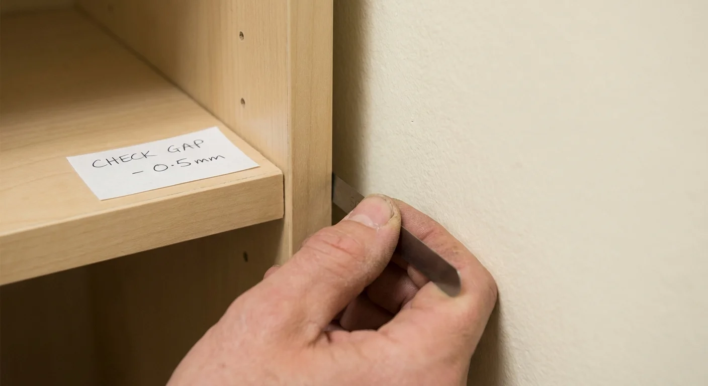 A hand checking the fit of a shelf against the wall to ensure it is flush.