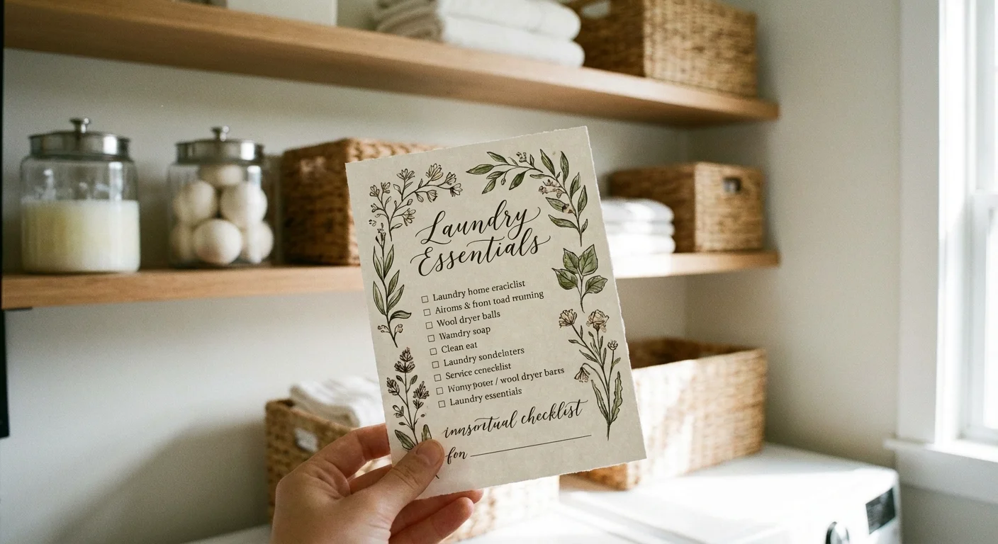 A hand holding a cleaning checklist in a tidy laundry room.