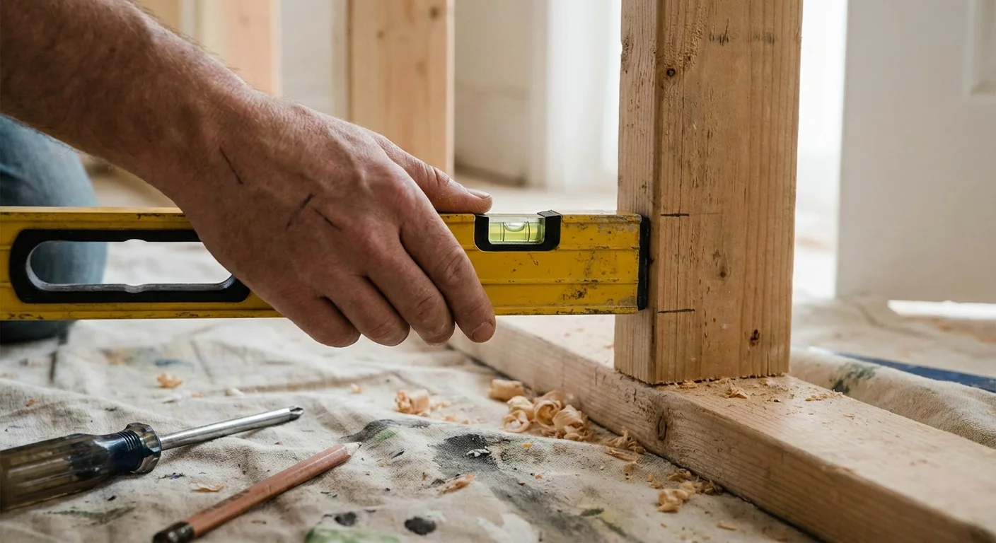 A hand holding a level against a closet frame during installation to ensure it is straight.
