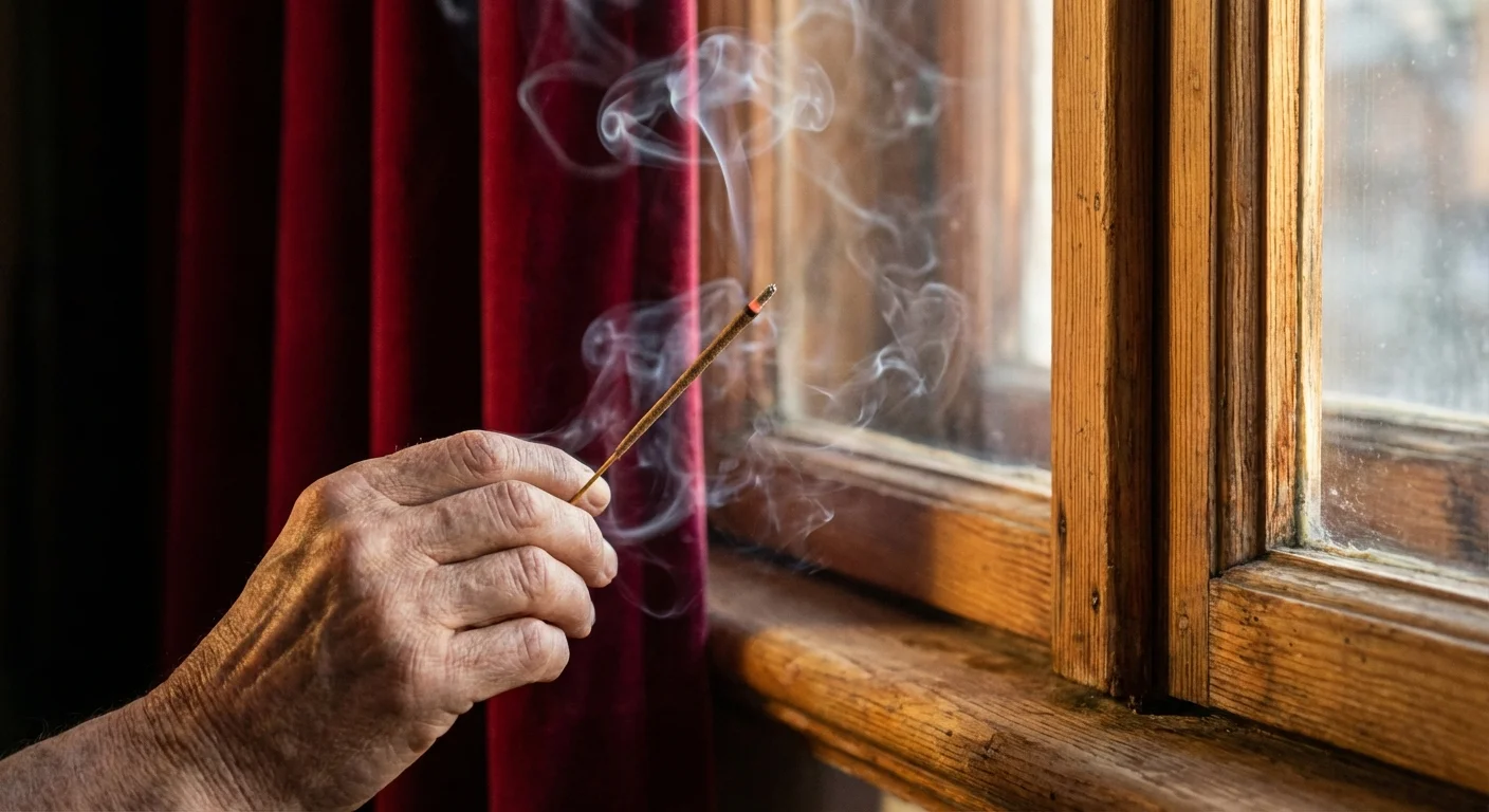 A hand holding a smoking incense stick near a window frame to check for air leaks.