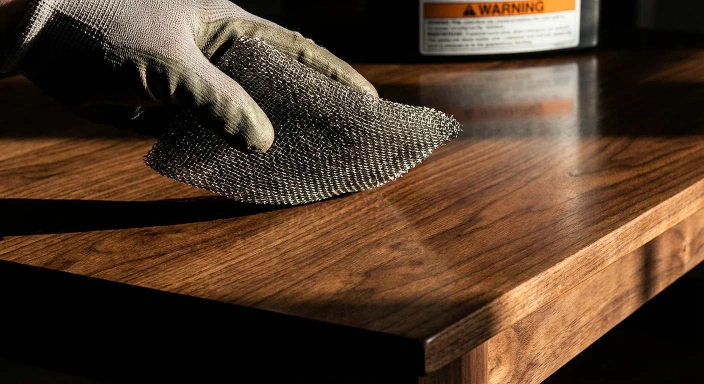 A hand holding an abrasive scrubber away from a wooden floor, signaling a cleaning mistake.
