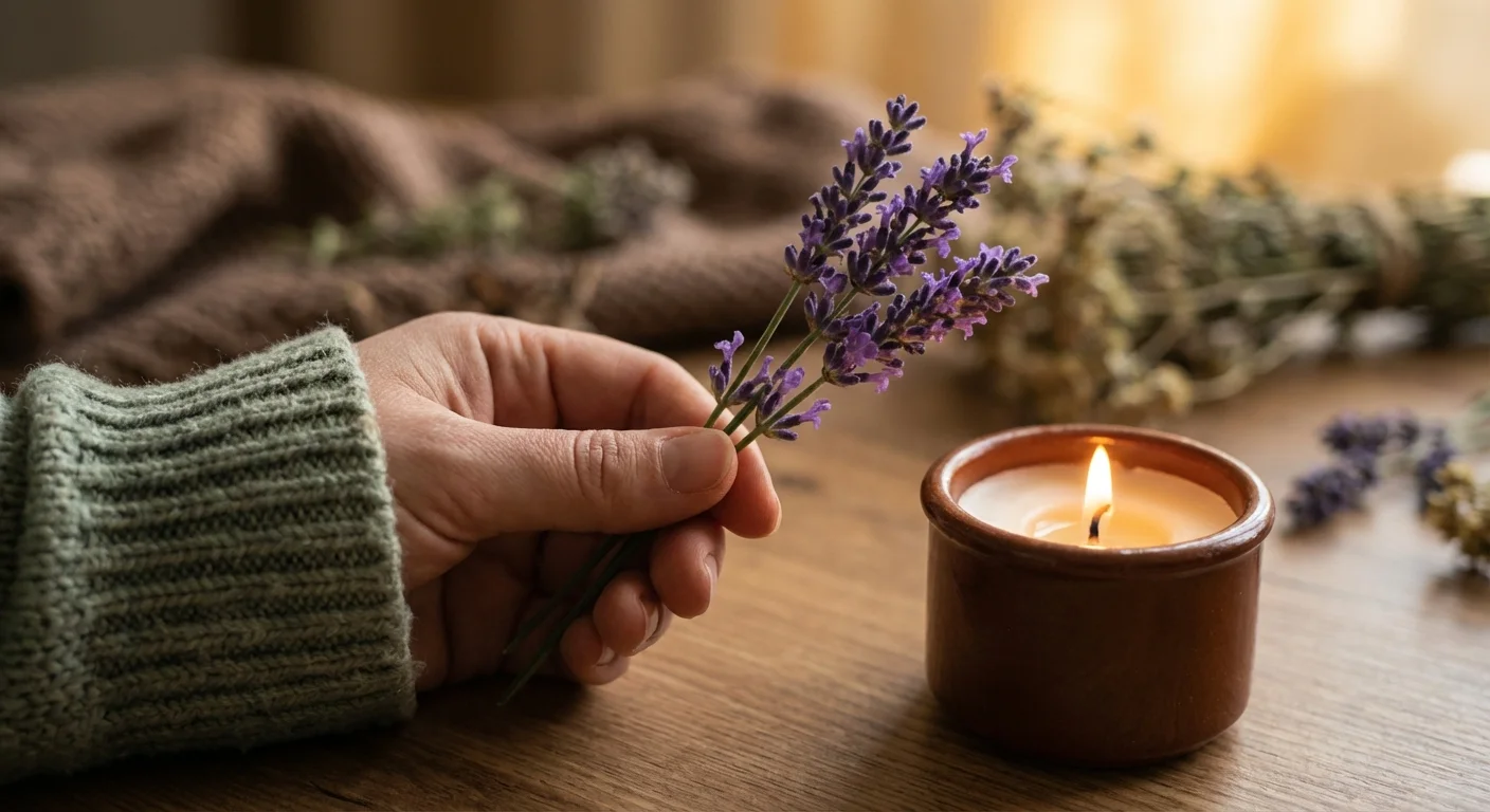 A hand holding fresh lavender near a burning candle to represent aromatherapy.