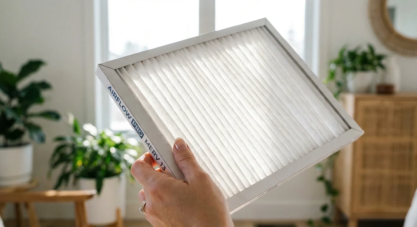 A hand holding up a clean home air filter to the light for inspection.