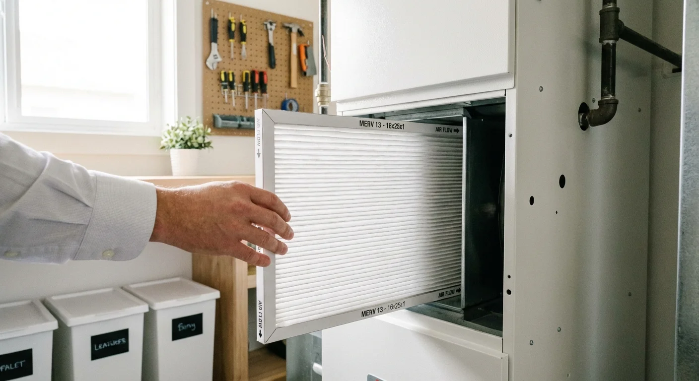 A hand installing a clean, high-quality air filter in a home HVAC system.