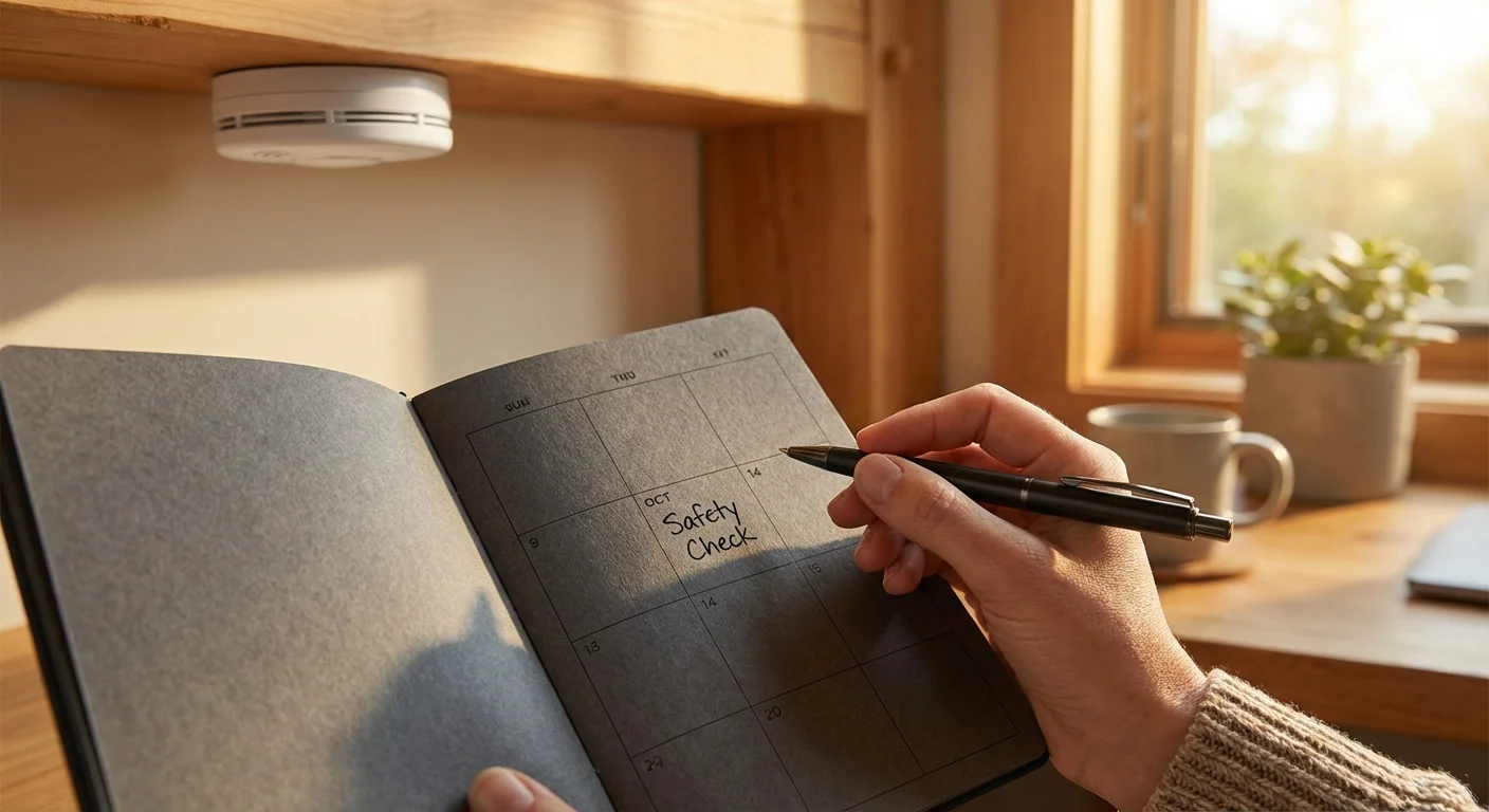 A hand marking a smoke detector safety check on a paper calendar.
