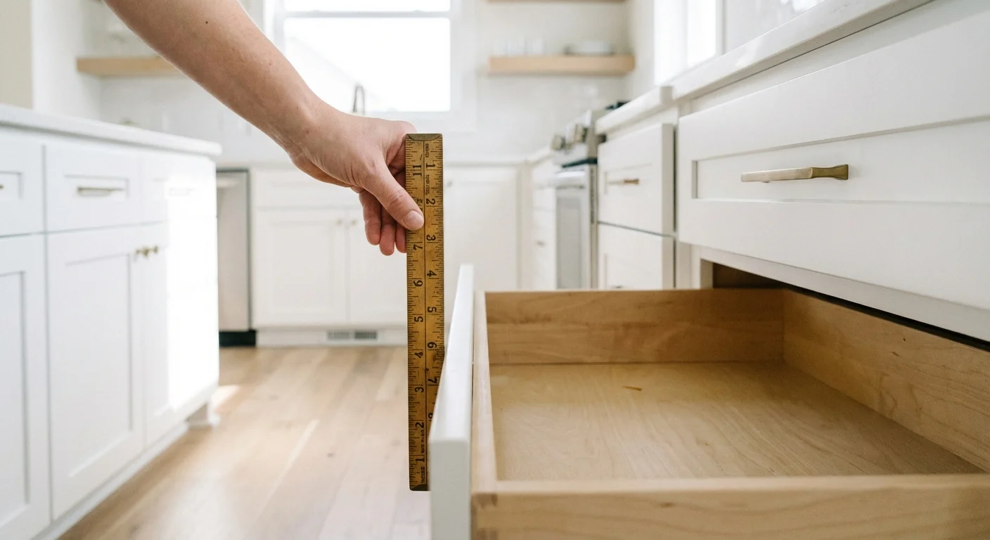 A hand measuring the interior of a drawer with a wooden ruler.