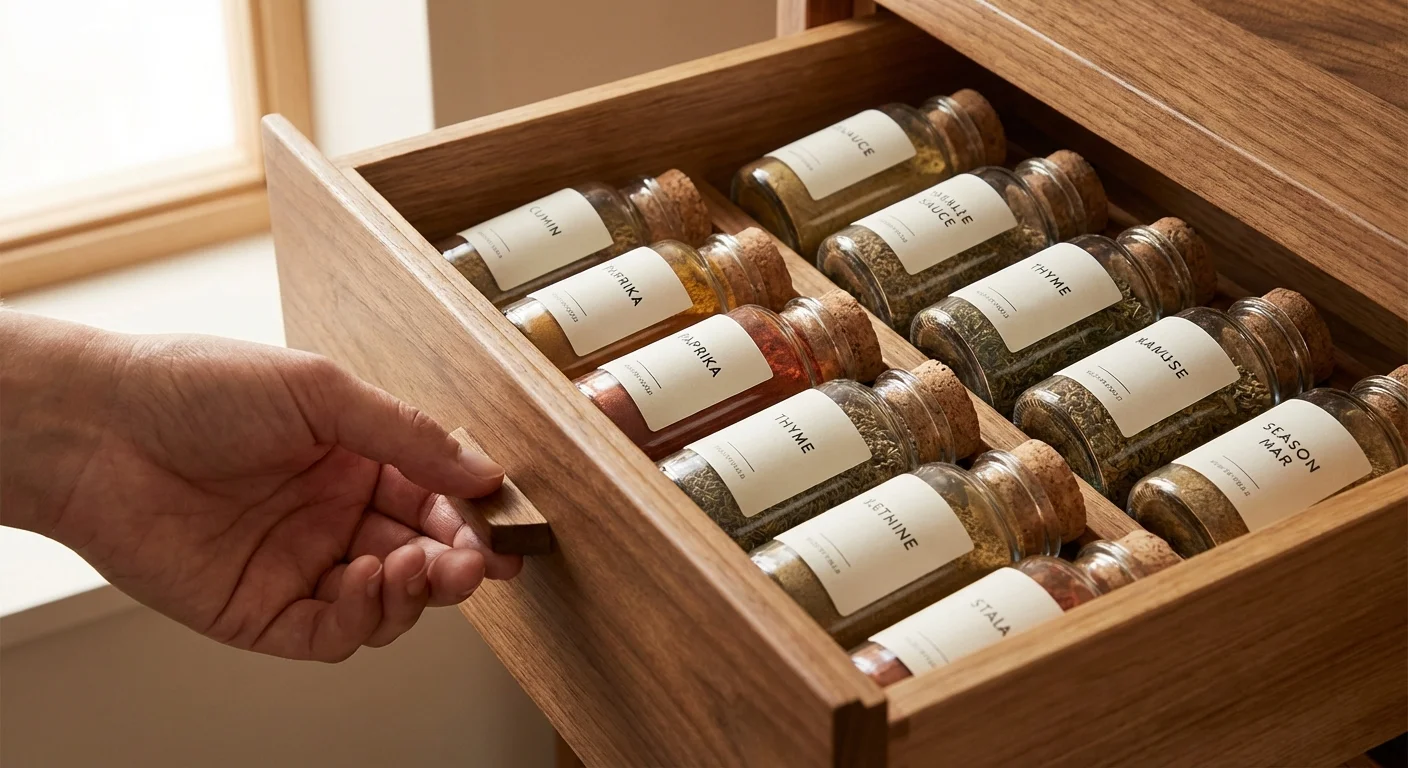 A hand opening a well-organized kitchen drawer filled with labeled glass spice jars.