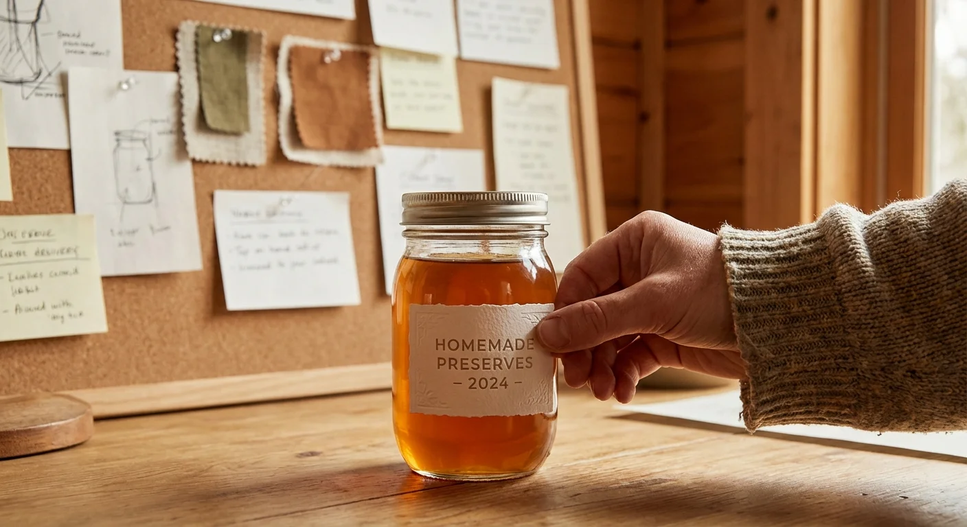 A hand placing a professional-looking label onto a glass storage jar.