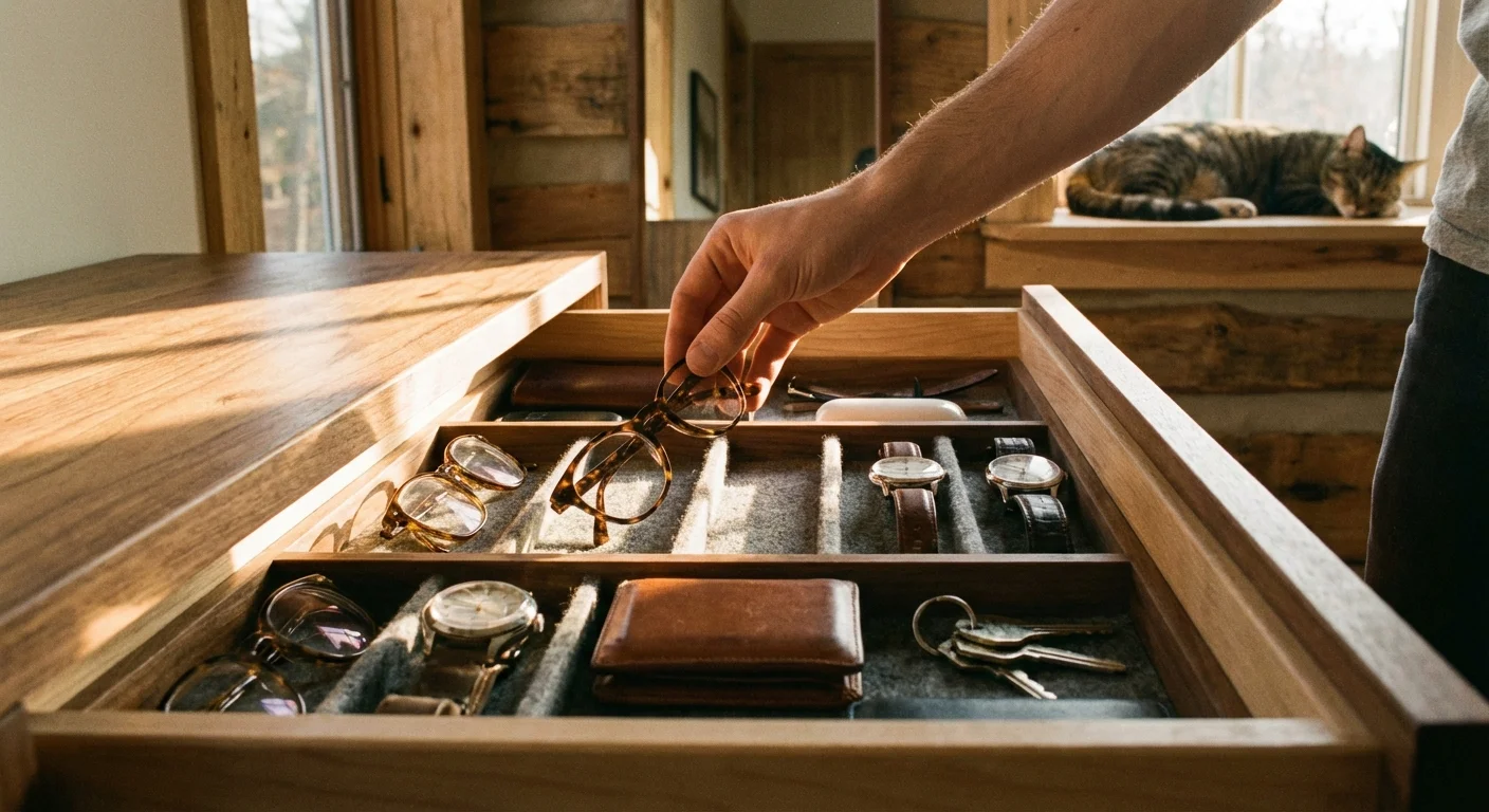 A hand placing an item back into a perfectly organized drawer in soft sunlight.