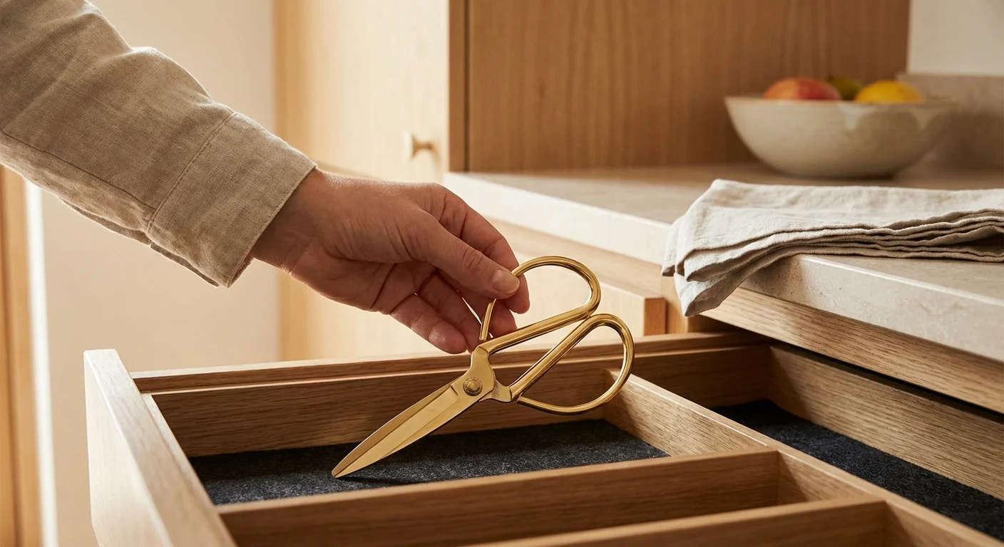 A hand placing scissors into a neat drawer compartment.