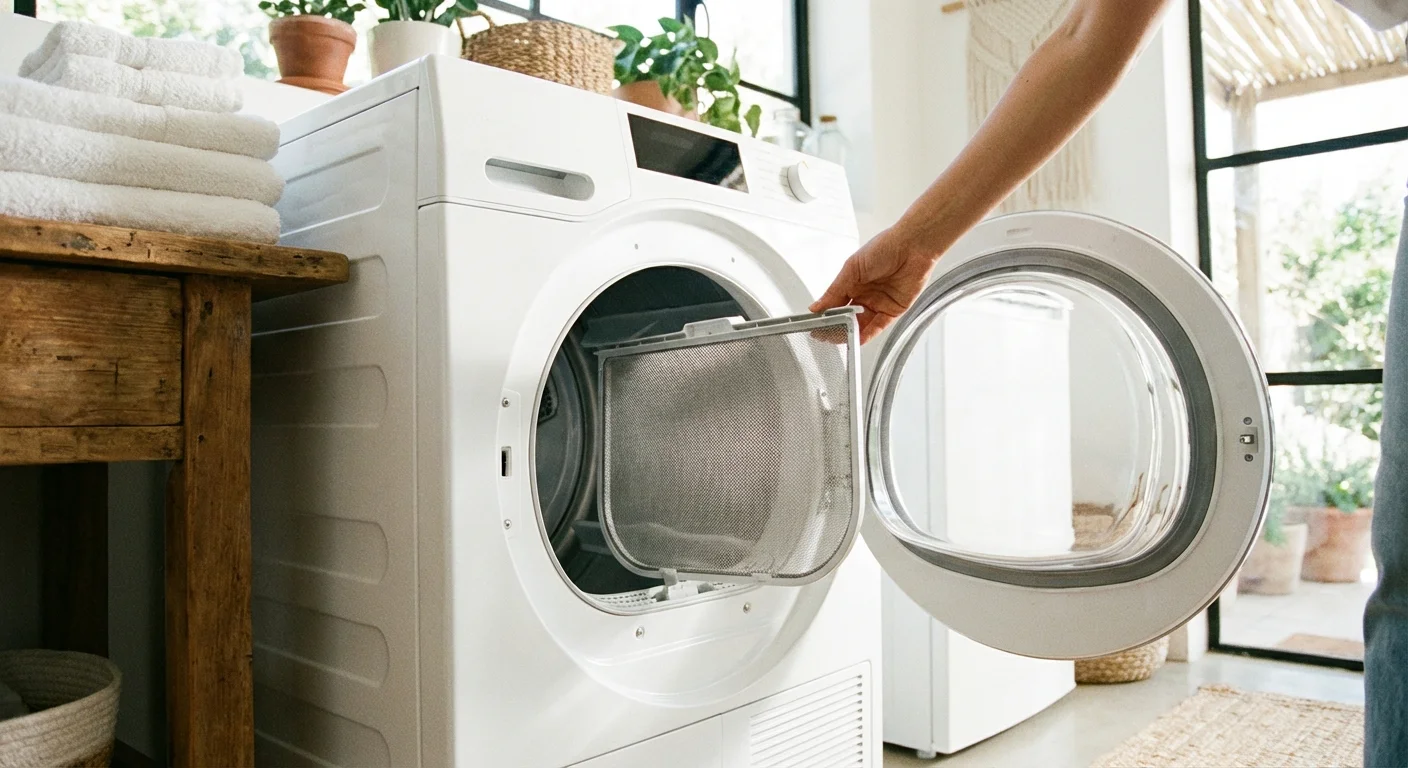 A hand pulling a clean lint trap from a laundry dryer.