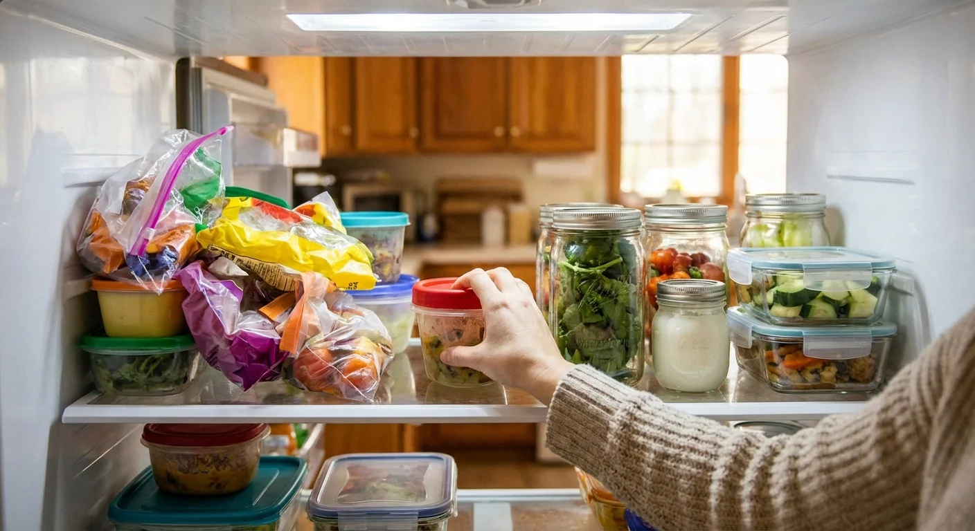 A hand reaching for a glass container in a refrigerator, showing the clarity of organized food storage.