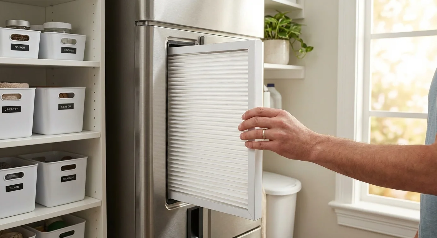 A hand replacing a clean air filter in a home furnace system.