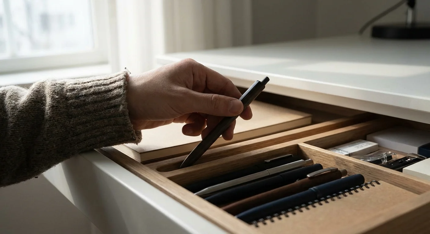 A hand returning a pen to its designated spot in an organized drawer.