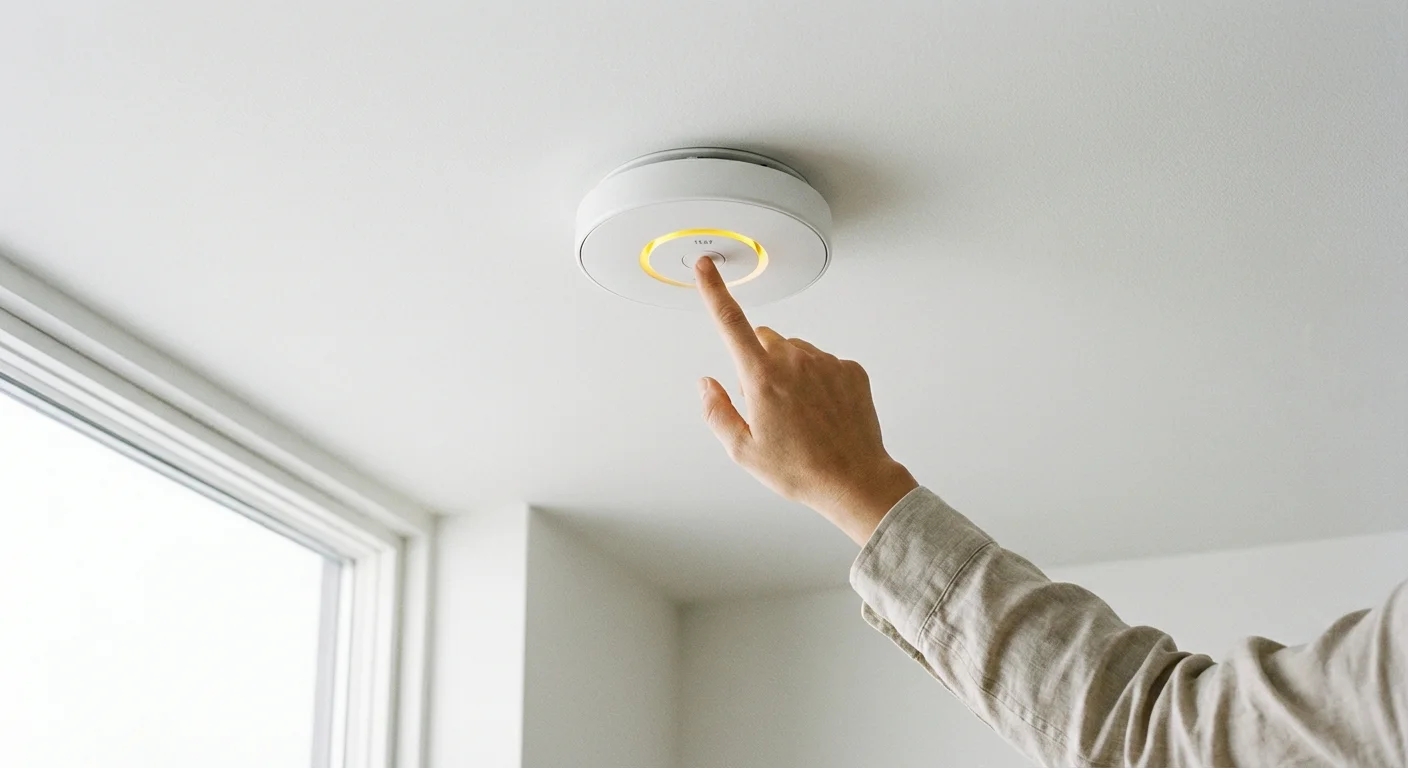 A hand testing a smoke detector on a clean white ceiling.