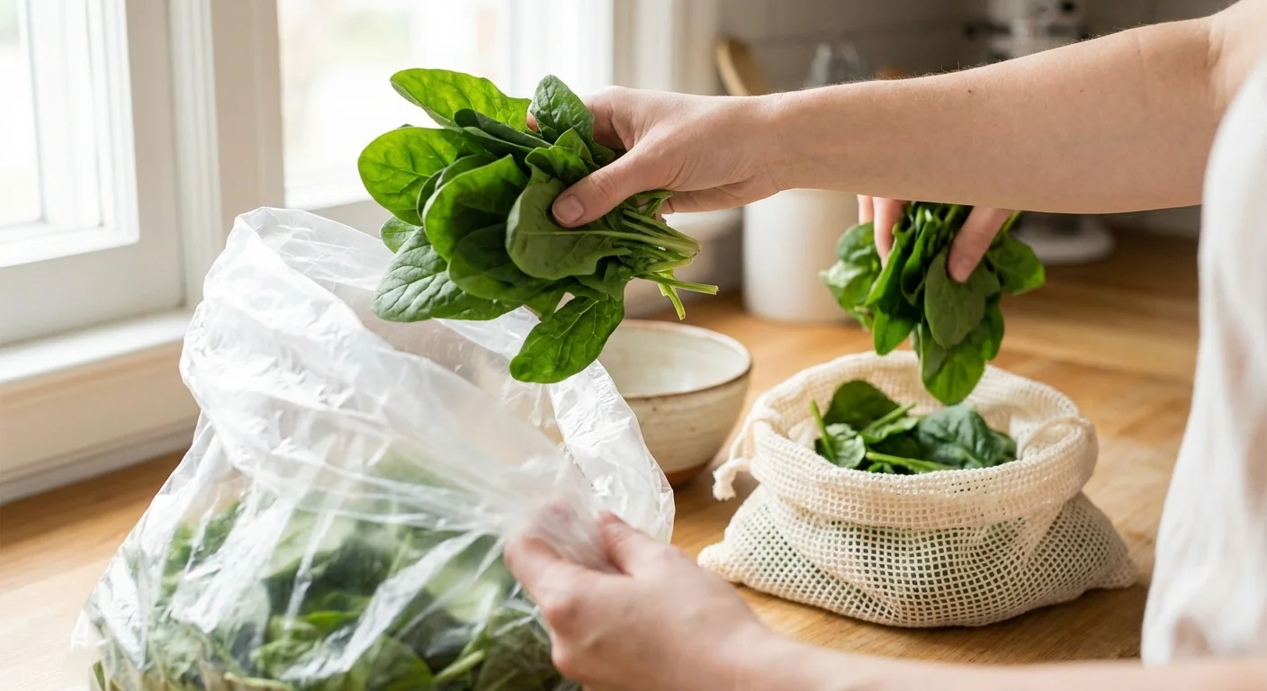 A hand transferring spinach from a plastic produce bag to a breathable mesh bag.