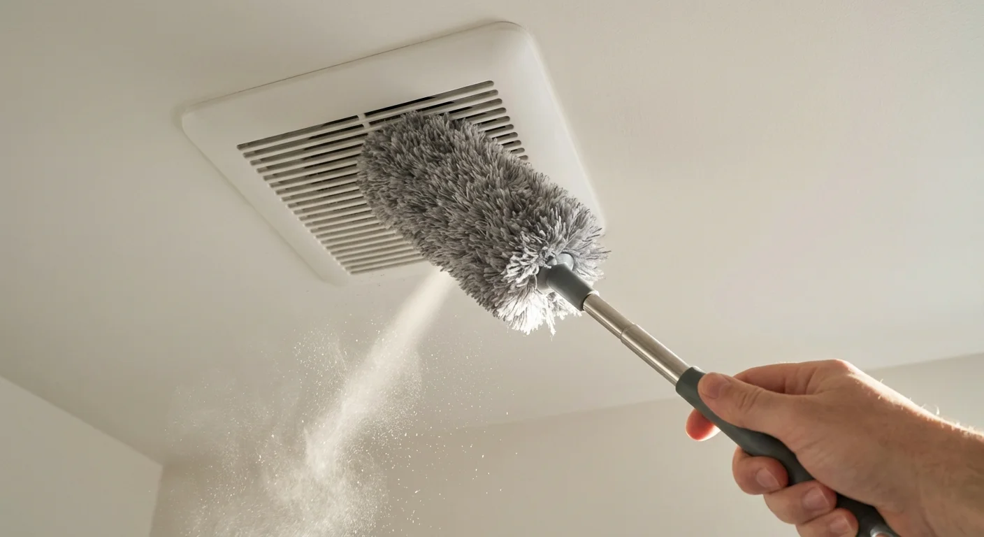 A hand using a long-handled duster to clean a bathroom exhaust fan vent.