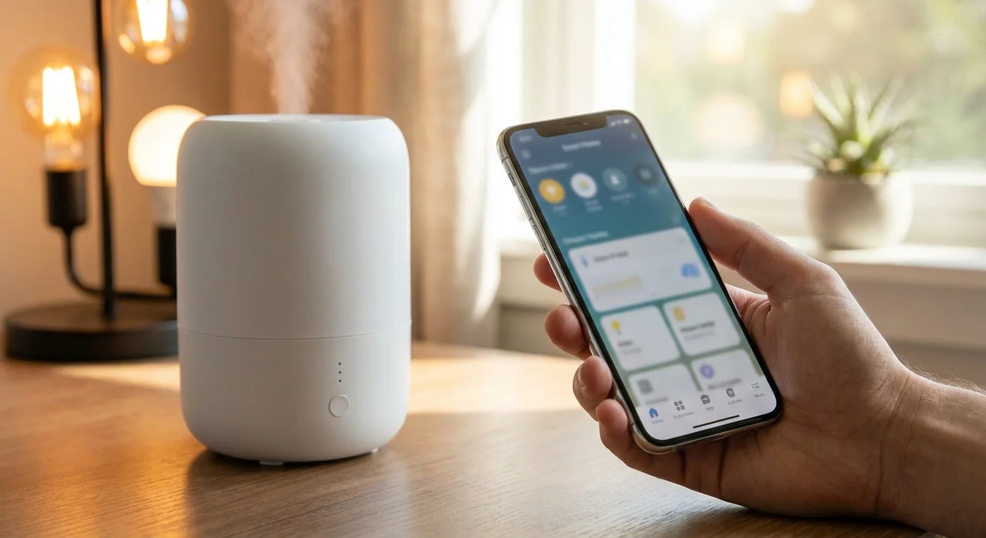 A hand using a smartphone app to control a modern humidifier in a cozy room.