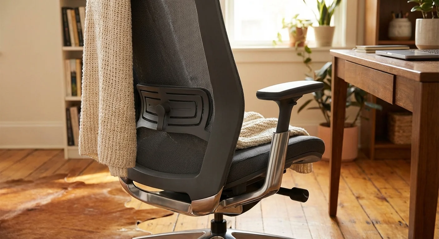 A high-quality ergonomic mesh office chair in a cozy home setting.