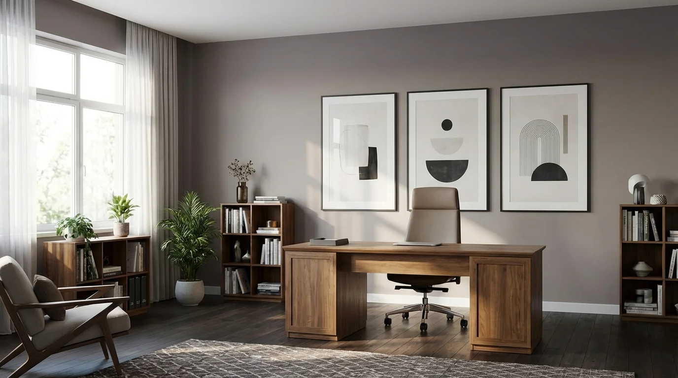 A home office layout with a desk positioned in the command position facing the room.