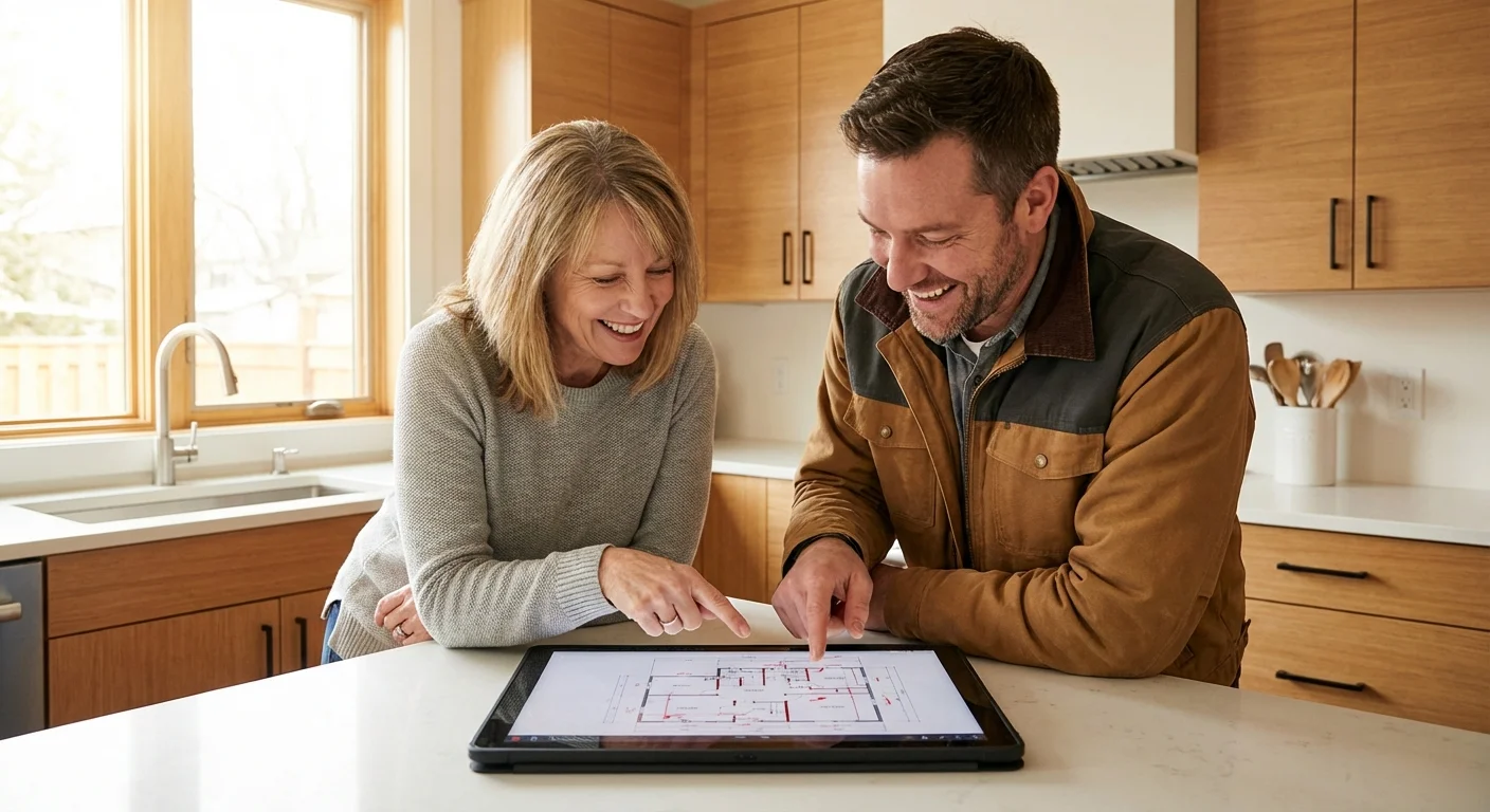 A homeowner and a contractor discussing plans over a tablet.