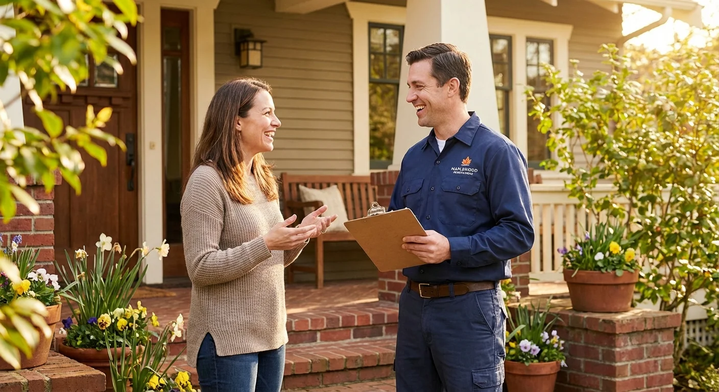 A homeowner and a contractor talking at the front door.