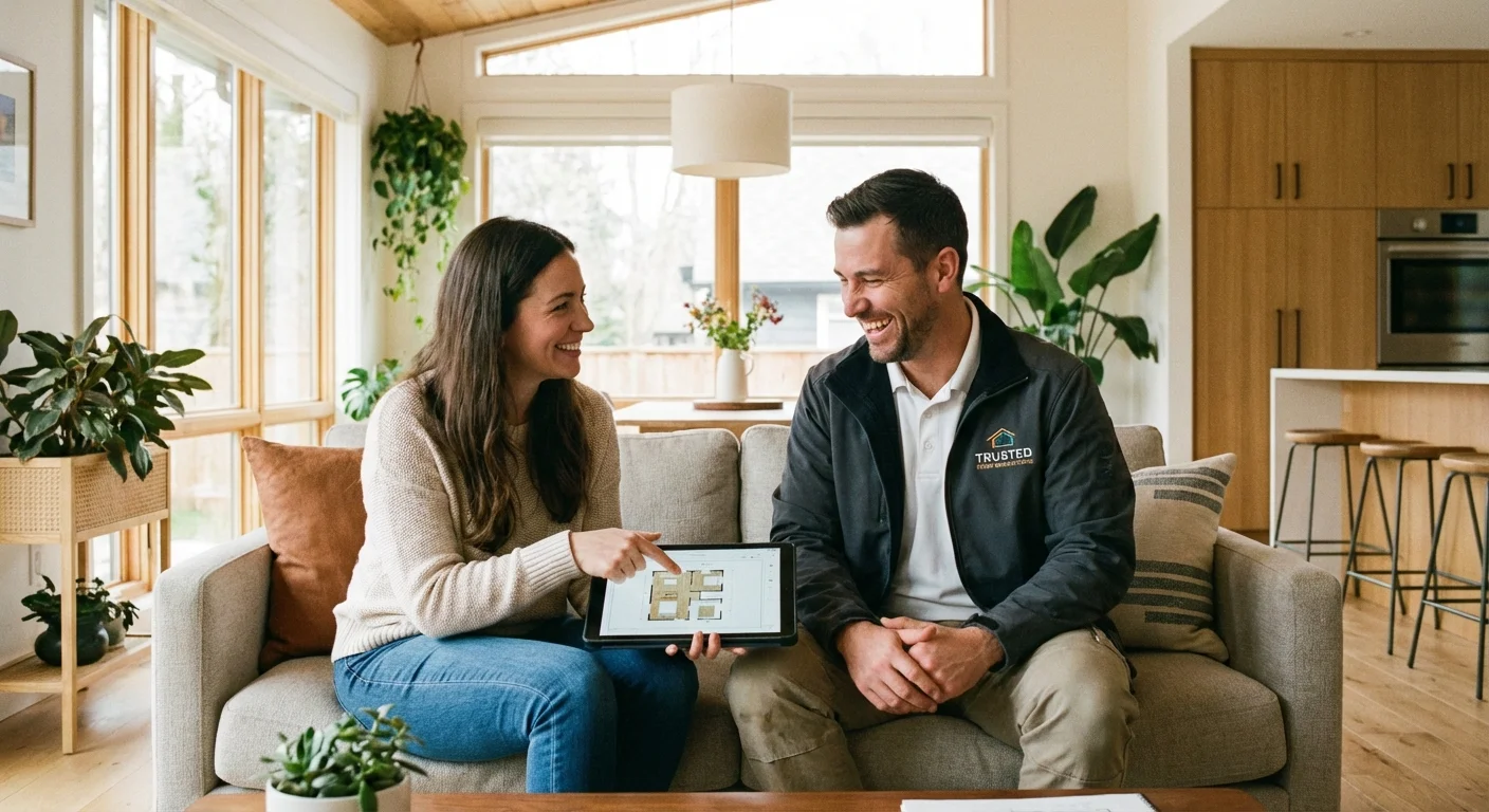 A homeowner and a professional contractor discussing a project in a sunny living room.