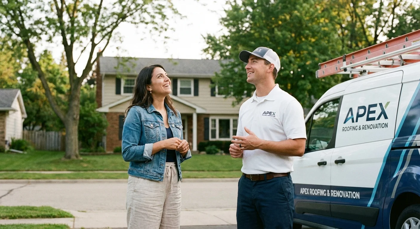 A homeowner and a professional contractor discussing gutter maintenance outside a home.