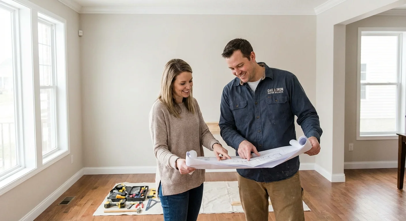 A homeowner and a professional contractor discussing plans for a custom wall storage unit.