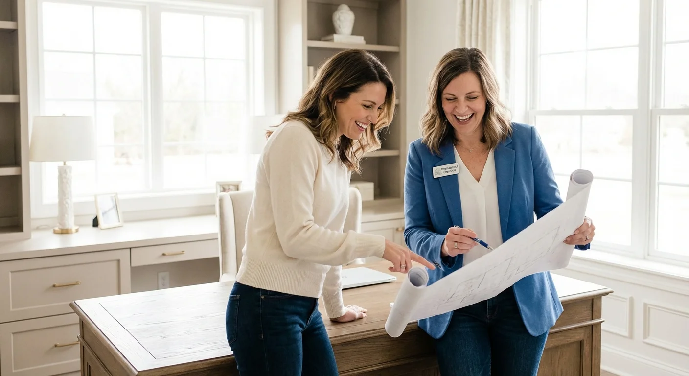 A homeowner and a professional organizer collaborating over a closet design plan.