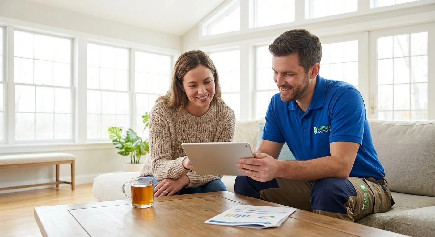 A homeowner and a professional technician looking at a digital tablet together.