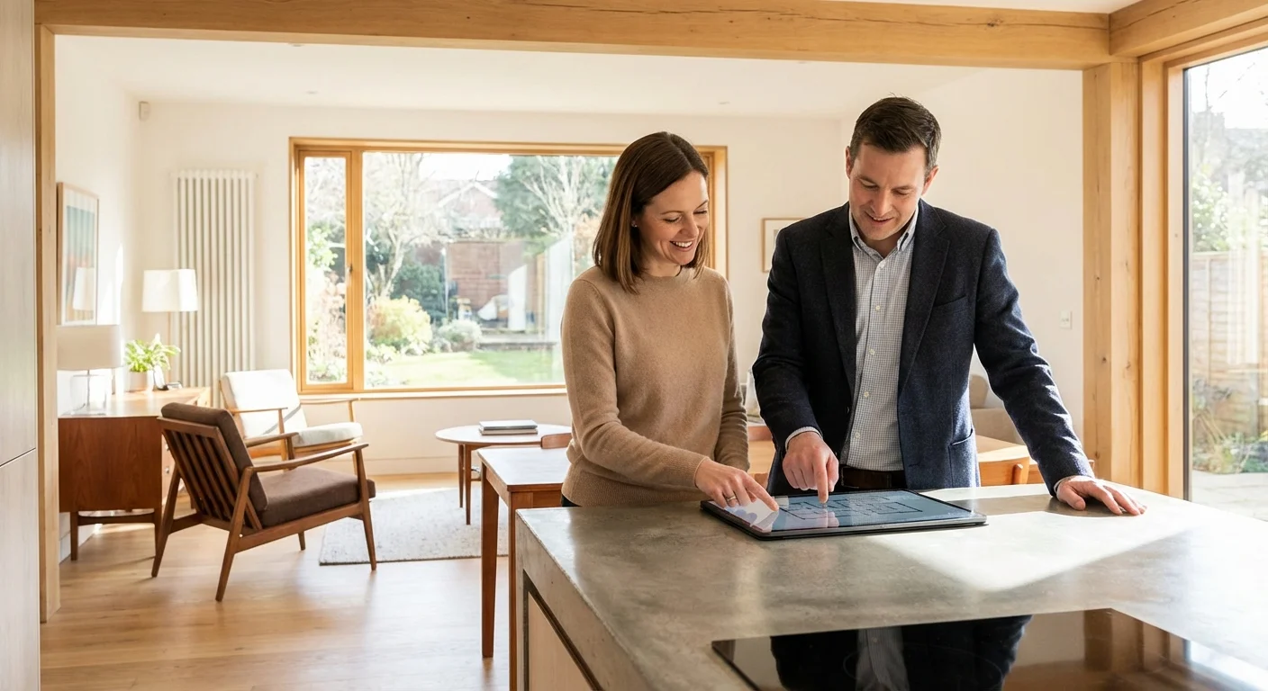 A homeowner and a professional technician looking at a tablet together in a bright room.