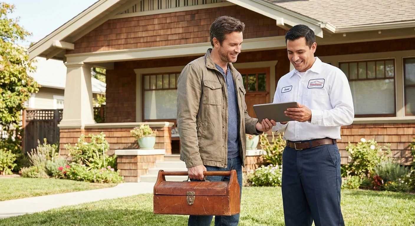 A homeowner and a service professional talking outside a house.