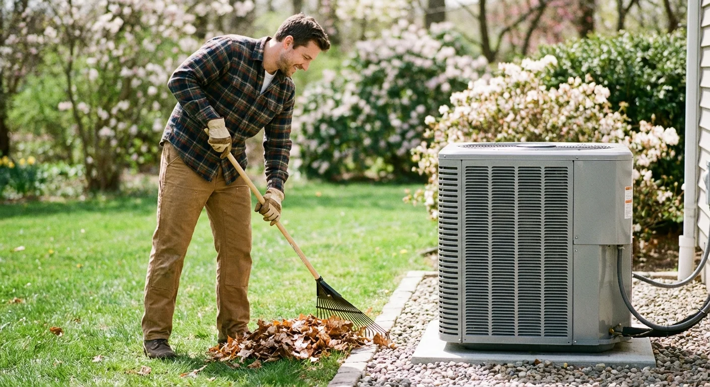 A homeowner cleaning debris away from an outdoor air conditioning unit.