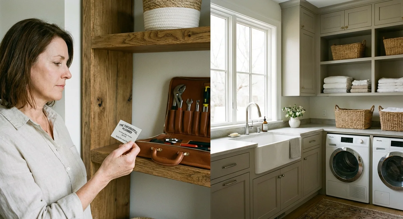 A homeowner considers calling a professional in a clean, modern laundry room.