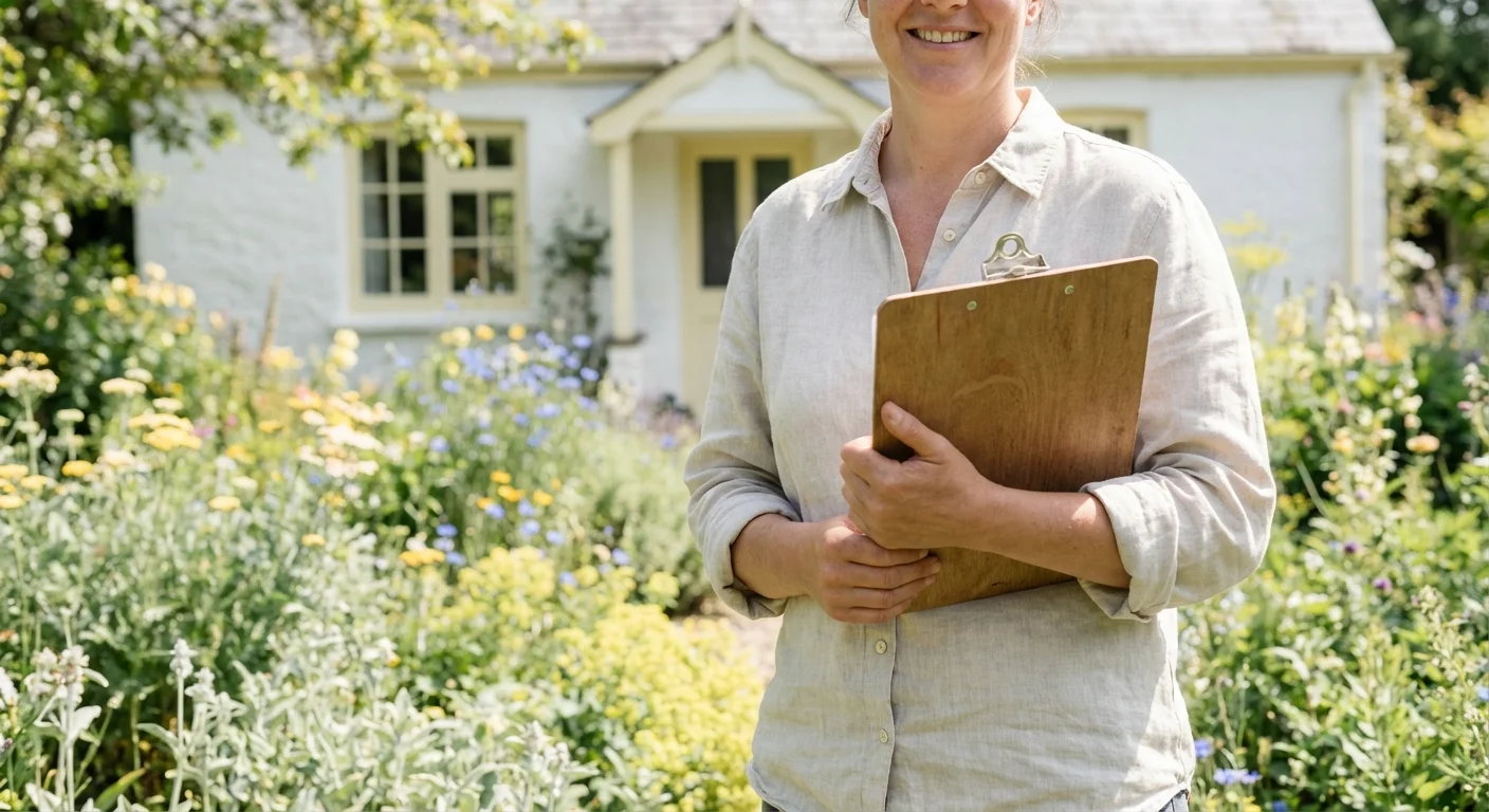 A homeowner holding a maintenance checklist in a bright spring garden.