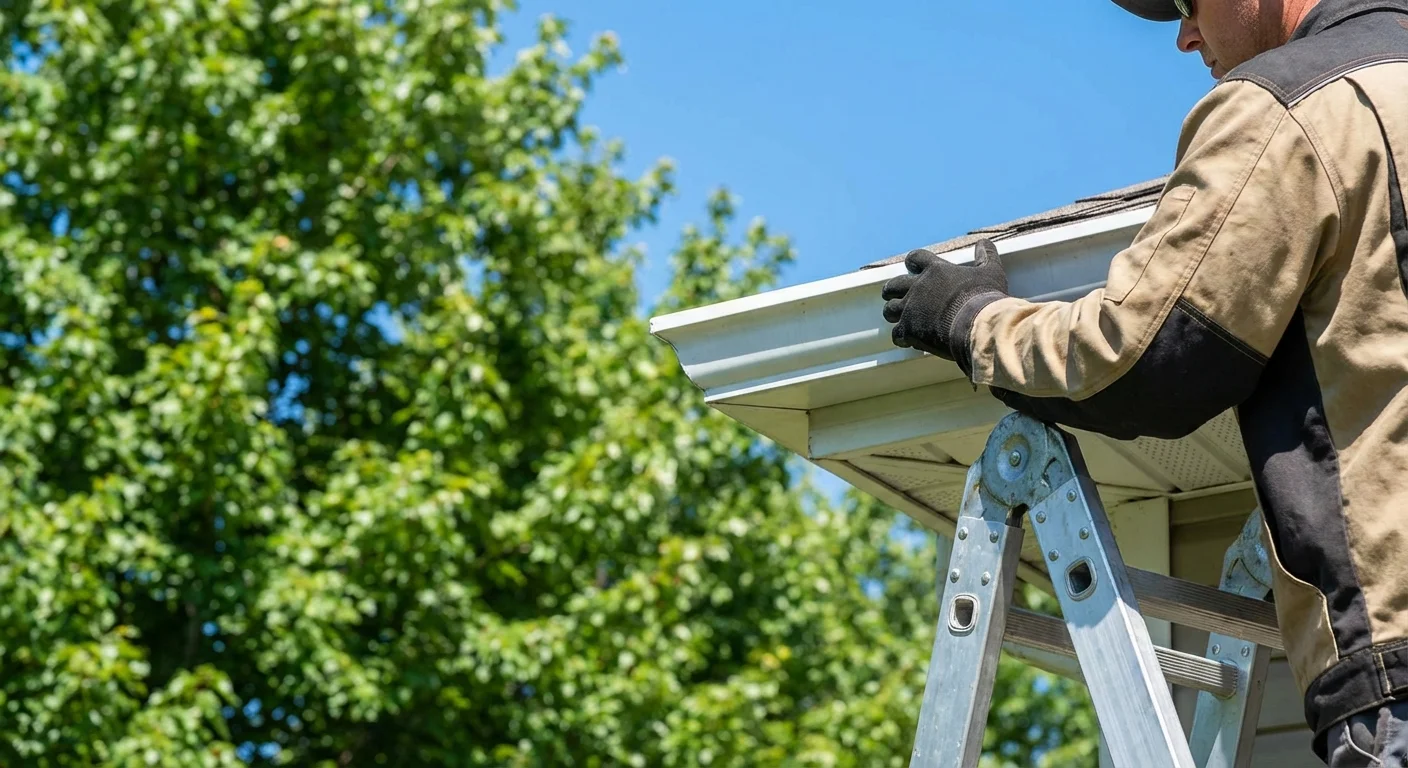 A homeowner inspecting clean gutters on a house under a clear blue sky.