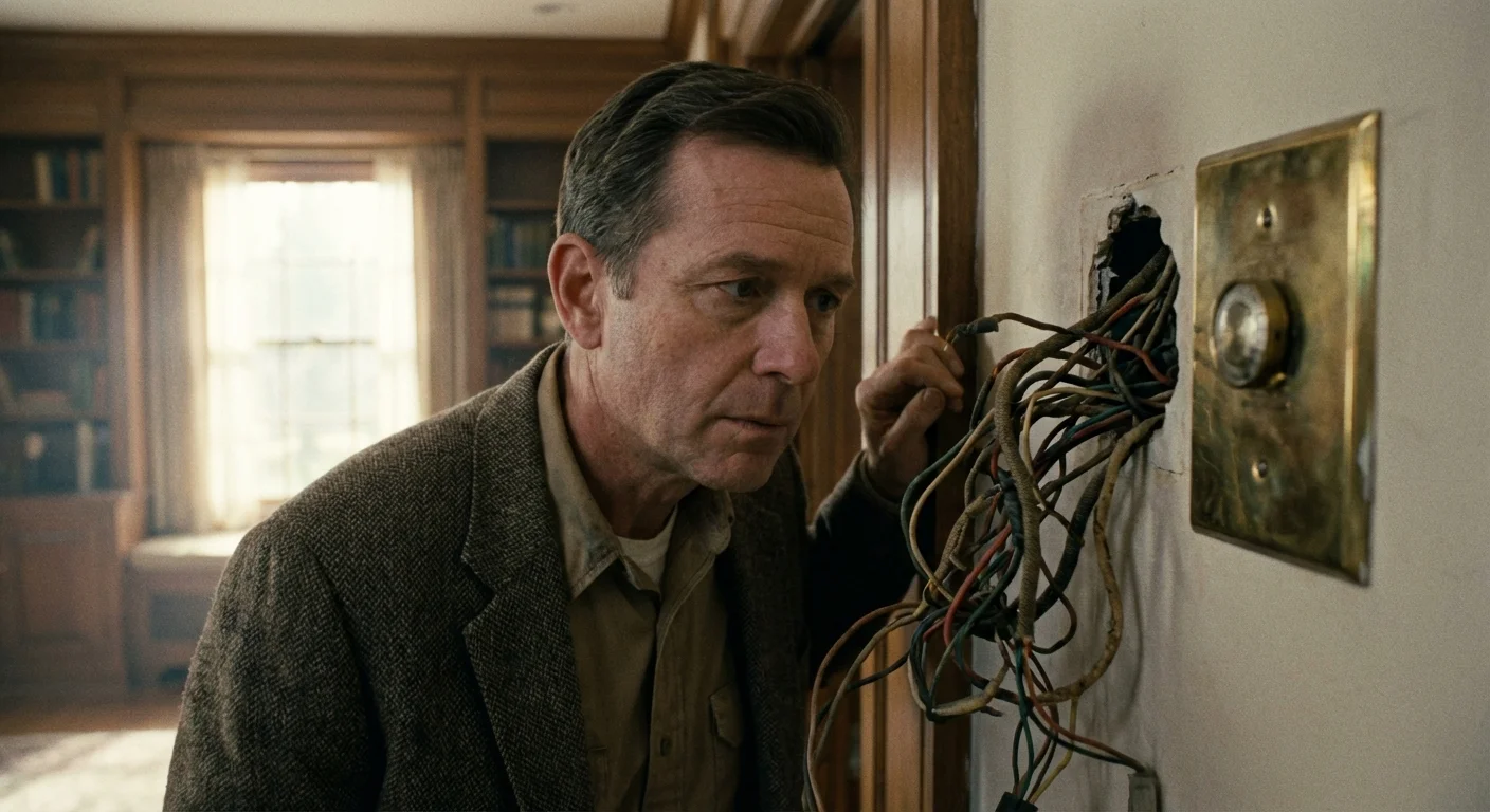 A homeowner inspecting complex electrical wiring behind an old thermostat unit.