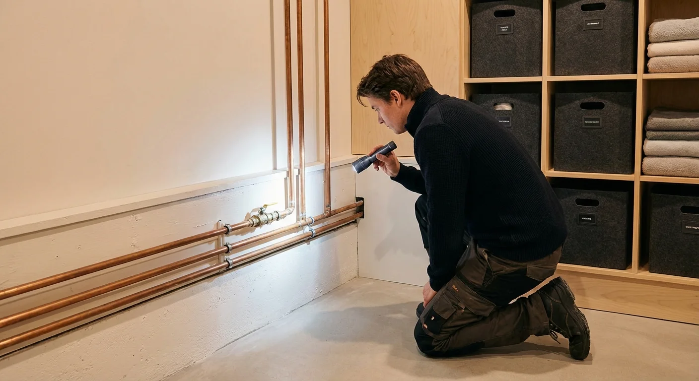 A homeowner inspects copper pipes in a clean, well-lit basement area.