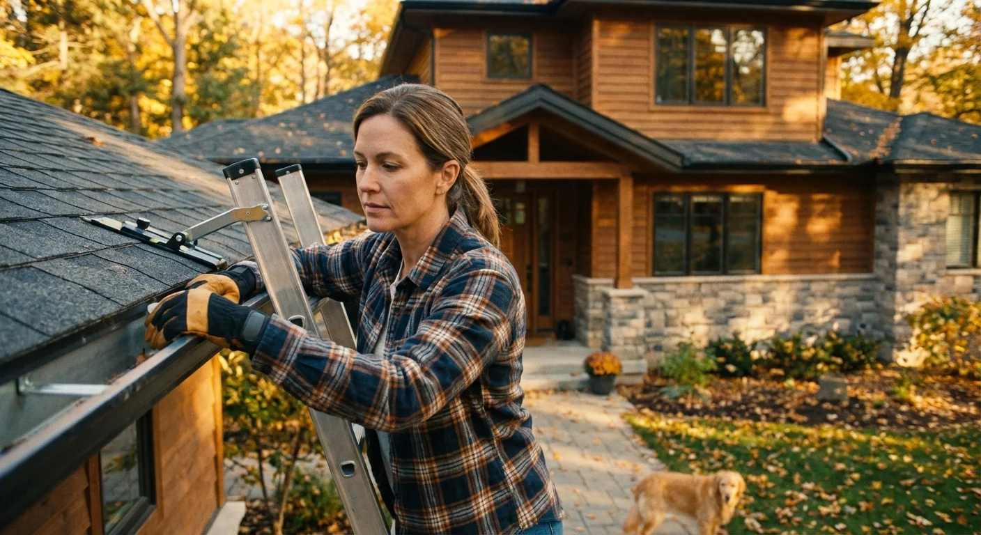 A homeowner safely inspecting clean gutters on a beautiful suburban house during autumn.